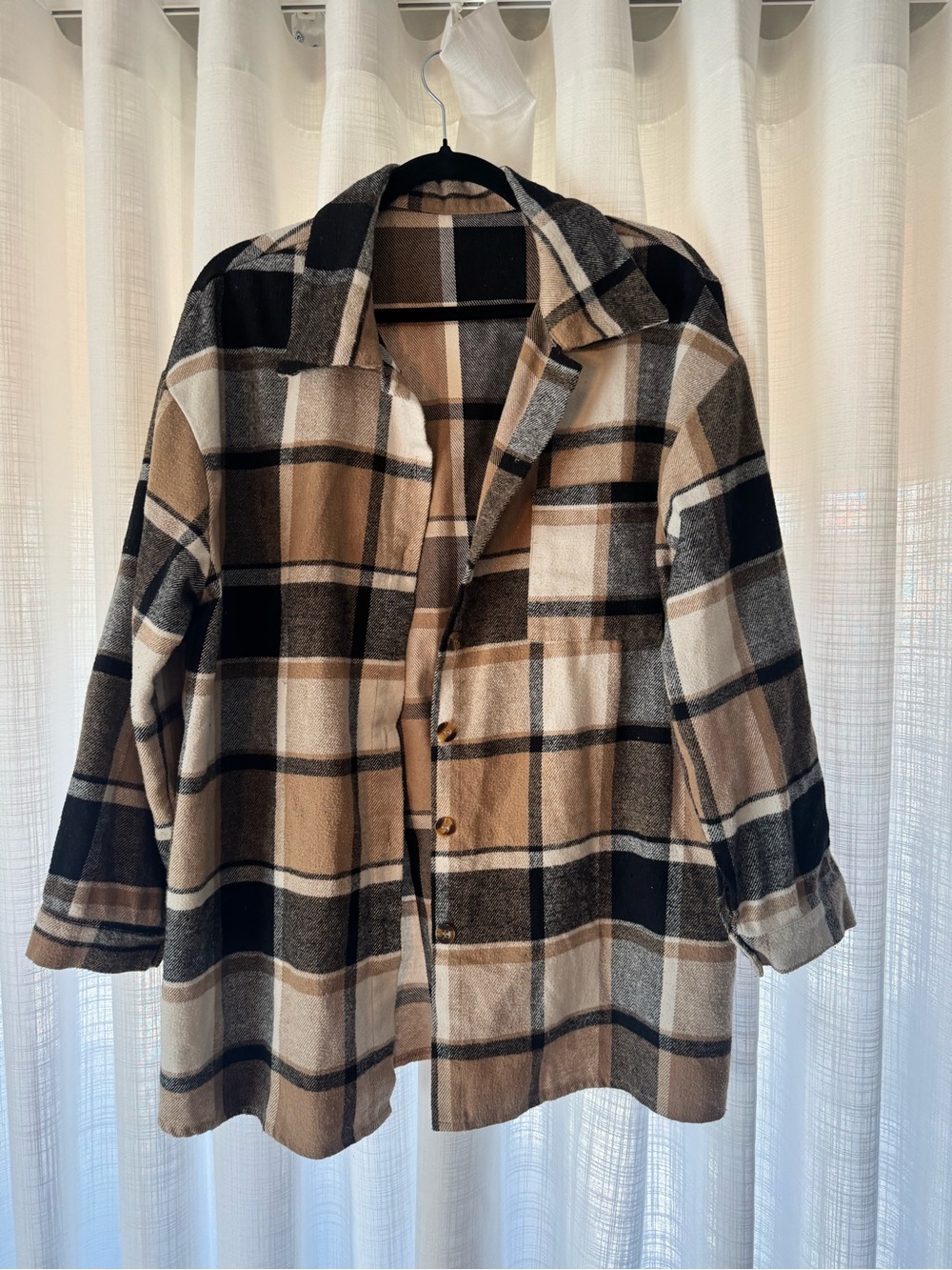 SHEIN Tan, Black & Cream Plaid Button-Front Shacket